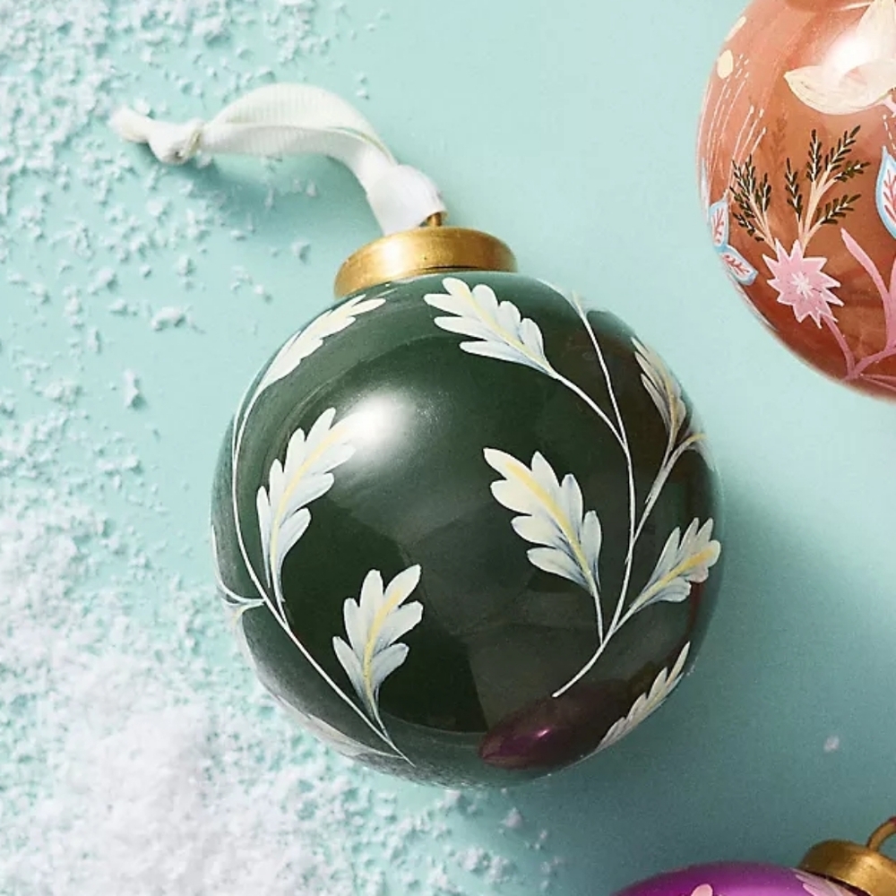 Anthropologie Handpainted Floral Glass Ornament Green